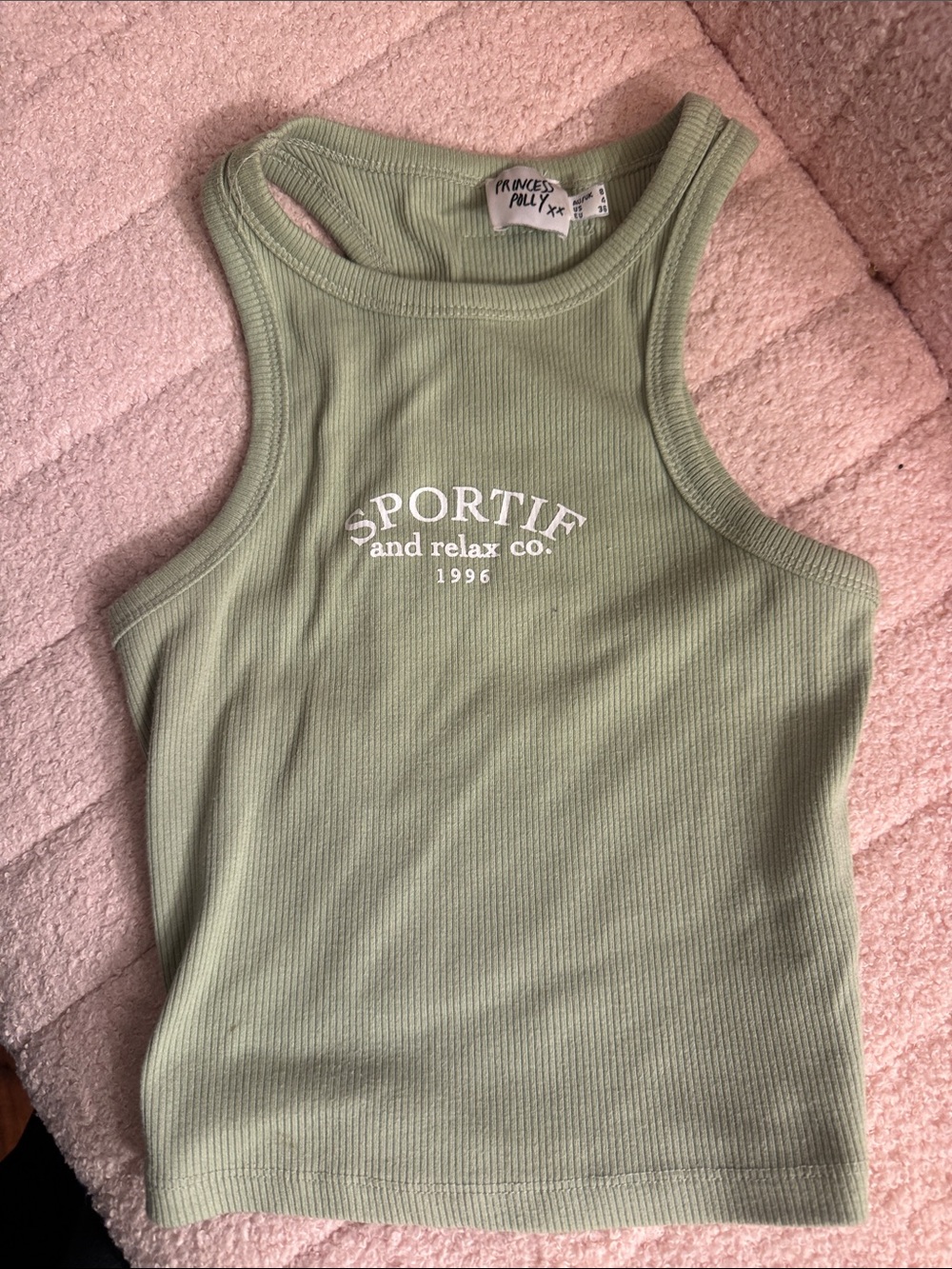 Princess Polly Sage Green Ribbed Racerback Tank with SPORTIF Logo